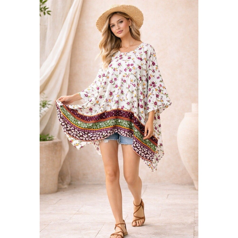 Boho Floral Oversized Tunic Top Handkerchief Hem Bell Sleeve White
